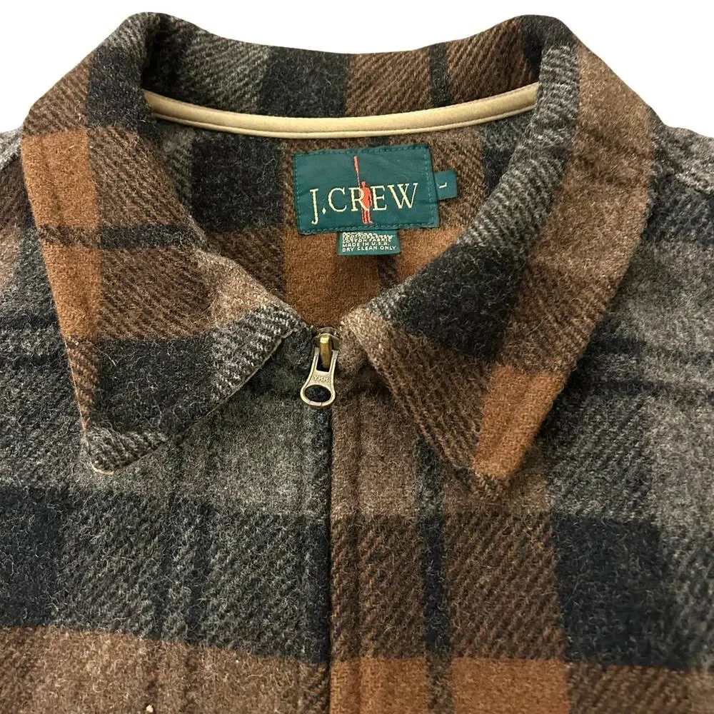 Vintage J.Crew Wool Plaid Zip Jacket Brown Gray Made in USA Mens L Unisex